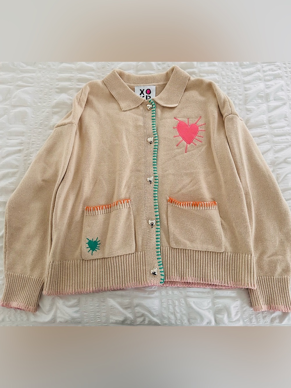 Kerri Rosenthal Beige Knit Button-Up Sweater Cardigan with Pink Heart Detail